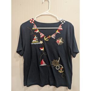 Princess Cruises navy embroidered & embellished nautical theme short sleeve top